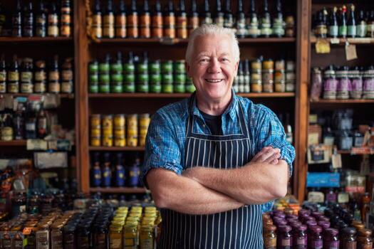 Smiling senior man wearing striped apron stands confidently in a vibrant grocery store filled with jars and bottles, showcasing a welcoming atmosphere for customers photo