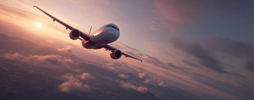 Airplane soaring through the sky at sunset, showcasing vibrant colors and clouds, capturing the essence of travel and adventure in a breathtaking aerial view photo