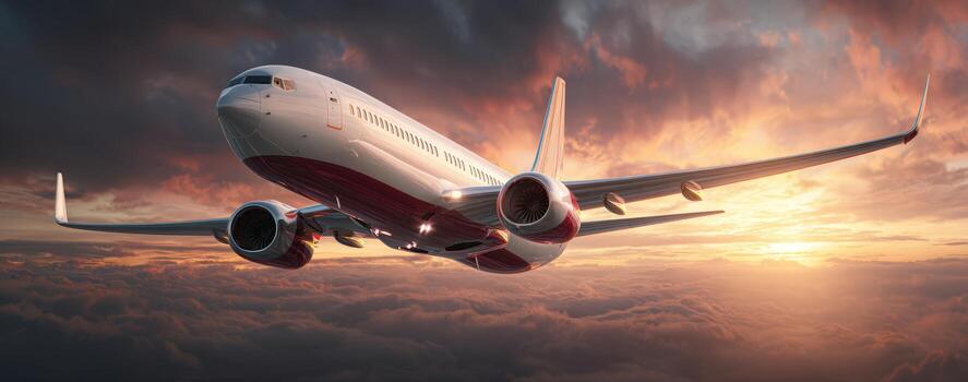 Airplane soaring through vibrant sunset skies, showcasing powerful engines and sleek design, symbolizing travel, freedom, and adventure in the open air photo