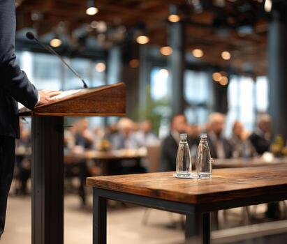 Business professional standing at podium, addressing audience in modern conference hall, with clear focus on water bottles on table, creating an engaging presentation atmosphere photo