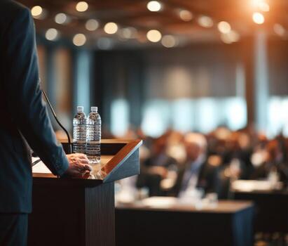 Business professional standing at podium with water bottles, addressing audience in conference room, blurred attendees engaged in discussion, creating an atmosphere of collaboration and learning photo
