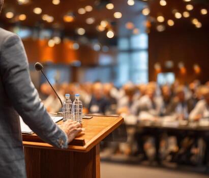 Speaker presenting at a conference, standing behind a wooden podium with water bottles, engaged audience in blurred background, creating an atmosphere of knowledge sharing and collaboration photo