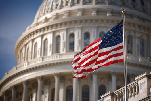American flag waving in the wind, prominently displayed in front of a grand architectural building with a dome, symbolizing patriotism and national pride in a historical context photo