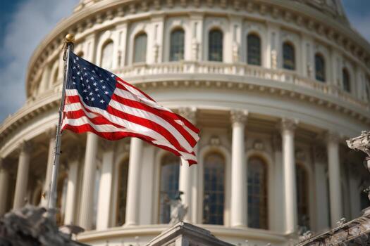 American flag waving proudly in front of a grand historical building with classical architecture, symbolizing patriotism and national pride in a vibrant urban setting photo