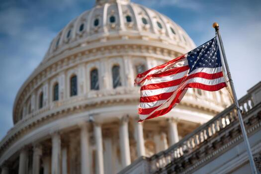 American flag waving proudly in front of a grand architectural dome, showcasing intricate details and historical significance, symbolizing national pride and unity photo