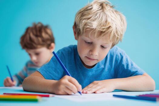 Young boy with blonde hair focused on drawing with blue pencil on white paper, while another child is engaged in creative activity in the background, showcasing artistic expression and concentration photo