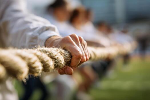 Close-up of a strong hand gripping a thick rope during a competitive tug-of-war event, showcasing teamwork and determination in an outdoor setting with blurred participants photo