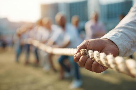 Close-up of a hand gripping a thick rope during a competitive tug-of-war event, with blurred participants in the background showcasing teamwork and determination photo