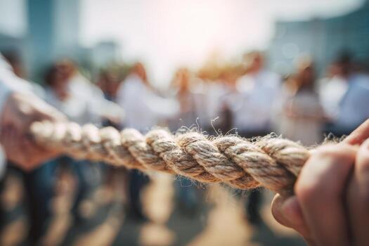 Group of diverse individuals participating in a tug-of-war competition, showcasing teamwork and camaraderie in a lively outdoor setting with blurred background photo