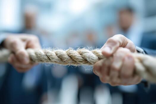Two hands gripping a thick rope tightly, showcasing strength and determination in a competitive tug-of-war scenario, with blurred figures in suits in the background emphasizing teamwork photo