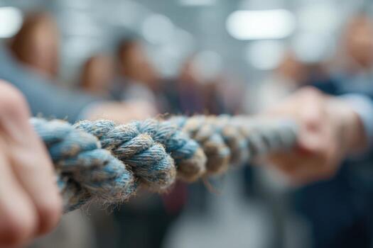 Group of diverse individuals engaged in a tug of war competition, showcasing teamwork and collaboration, with blurred background emphasizing the intensity of the moment photo