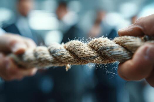 Two hands gripping a thick, textured rope, symbolizing teamwork and collaboration, with blurred figures in suits in the background, conveying a sense of unity and strength photo