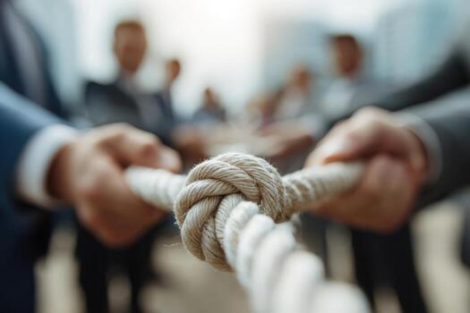 negocio profesionales comprometido en un competitivo tirón de guerra, exhibiendo trabajo en equipo y estrategia, con un atención en el estrechamente anudado cuerda simbolizando unidad y colaboración foto