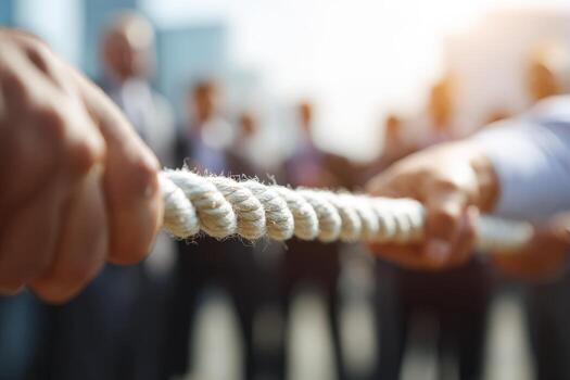 Group of business professionals engaged in a competitive tug of war, showcasing teamwork and determination, with blurred figures in the background and sunlight illuminating the scene photo