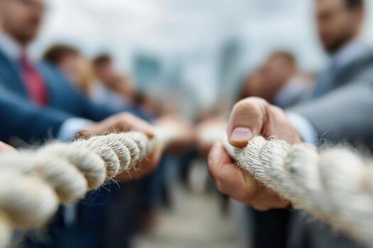 Group of diverse individuals engaged in a competitive tug-of-war, showcasing teamwork and determination, with blurred background emphasizing the intensity of the challenge photo
