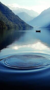 Serenity in nature with ripples on calm water and a distant boat at dawn. photo