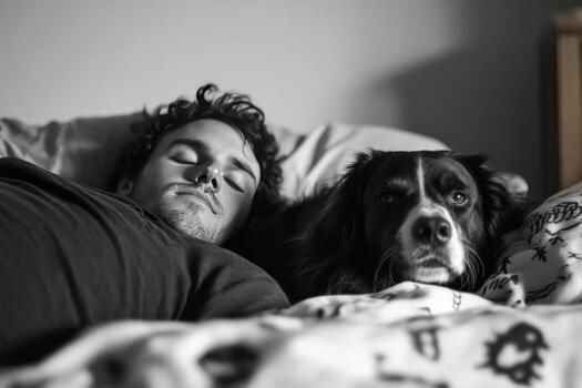 Man resting peacefully in bed with dog during morning light. photo