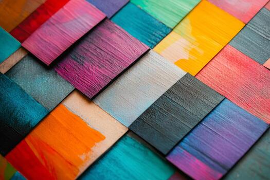 Vibrant paint swatches are arranged in a mosaic pattern, displaying an array of colors and textures. colored photo