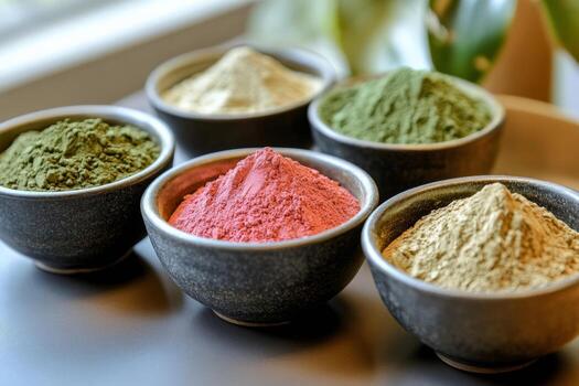 Colorful array of herbal powders in bowls on table at wellness studio. photo