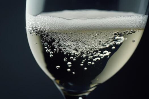 Delicate bubbles rising in a sparkling glass of beverage captured against a dark background. photo