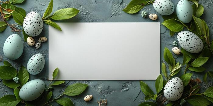 Decorative arrangement of speckled eggs and green leaves on a textured surface. photo