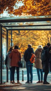 Busy bus stop with pedestrians waiting in autumn setting in a city during afternoon light. photo