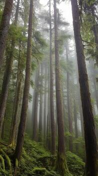 Tall green trees surrounded by mist in a serene forest during a quiet morning. photo