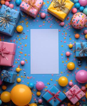 Colorful gift boxes stacked together with confetti on a bright background. photo