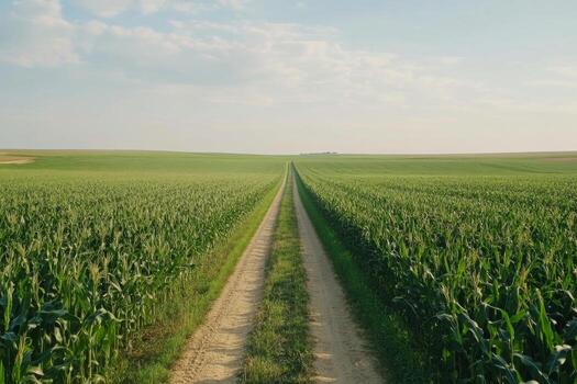 Tracks lead through cornfield under a blue sky with clouds during daylight hours. photo