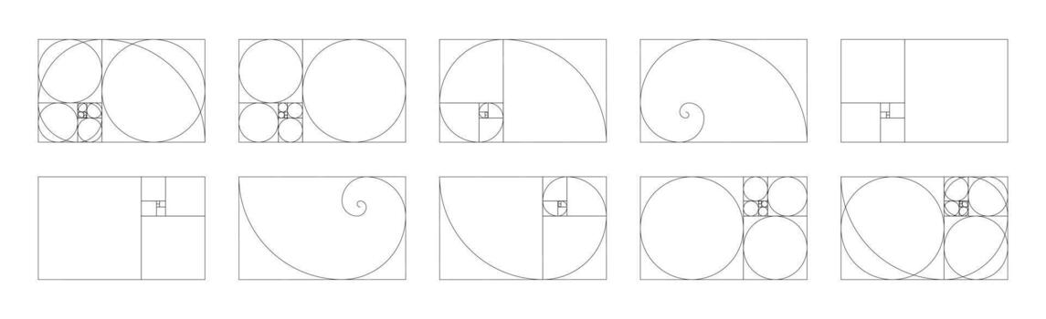 Horizontal fibonacci numbers array set of 10 elements. Golden ratio harmony proportions template. vector
