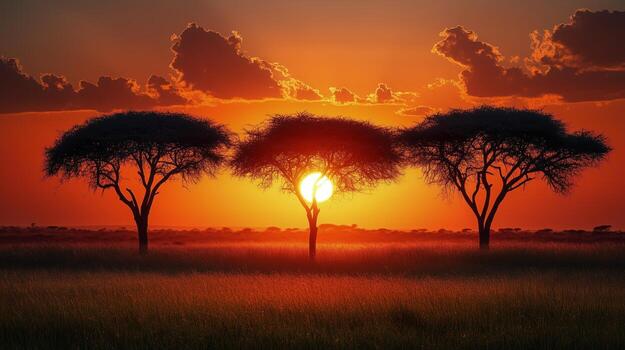 The sun is setting behind three trees in the african savannah photo