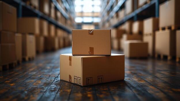 A large number of boxes stacked on a wooden floor photo