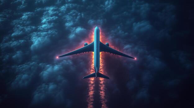 Airplane flying above clouds during twilight with colorful trail. photo
