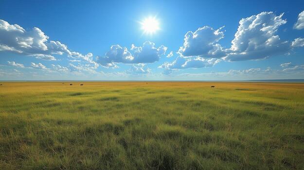 Expansive grassland under bright sun and scattered clouds at midday. photo
