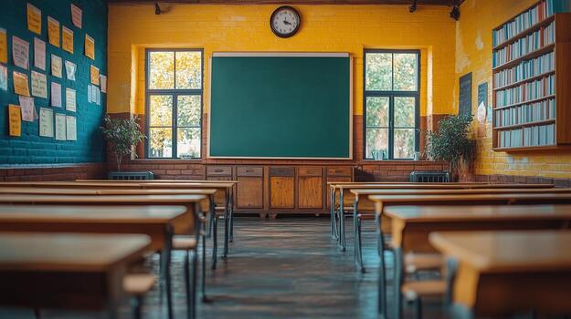 Students engaged in study session in a library with rows of wooden chairs and shelves of books. photo