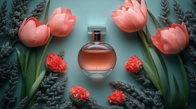 Elegant perfume bottles arranged with colorful flowers on a soft pastel background. photo