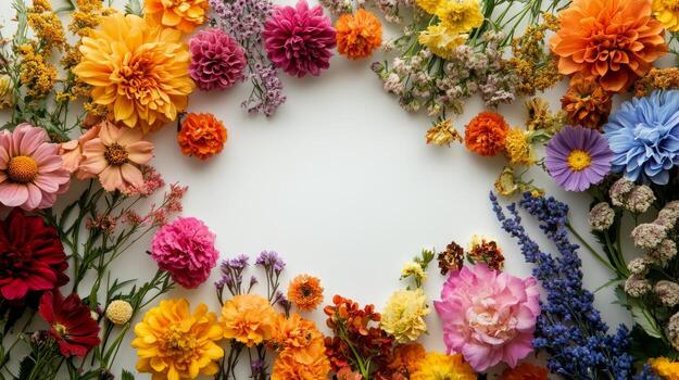 Bright assortment of fresh flowers creating a vibrant border on a white background. photo