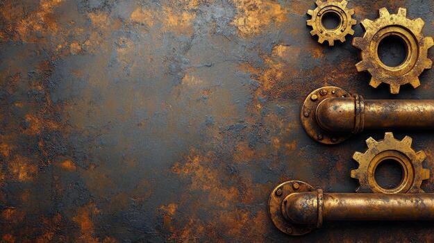 Rusty industrial pipes with gears in a steampunk style on a textured surface. photo