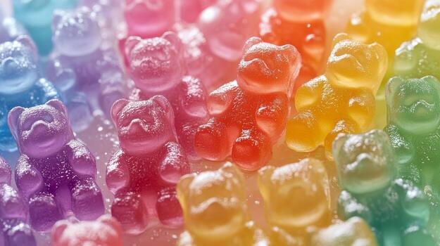 Colorful gummy bears arranged in a vibrant rainbow pattern on a shiny surface. photo