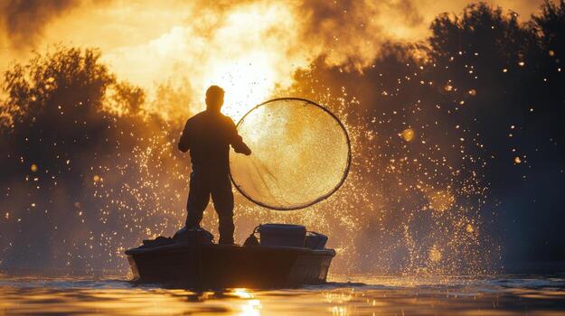 Fisherman casting net on tranquil water during golden sunset in serene landscape. photo