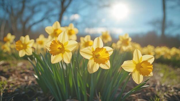 Bright sun shining over a field of blooming daffodils in early spring. photo