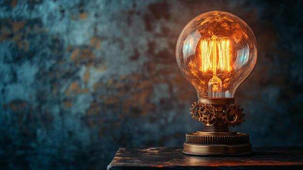 Vintage light bulb with warm glow illuminating a dark background. photo