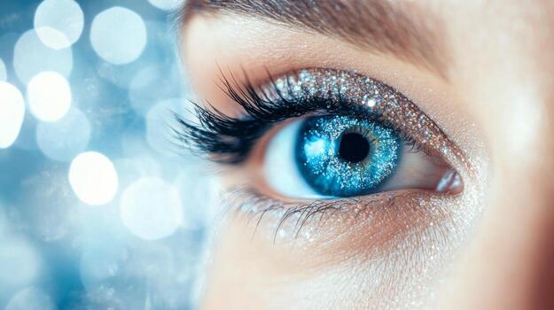 Vibrant blue eye adorned with sparkling makeup and a soft bokeh background creating a mesmerizing effect. photo