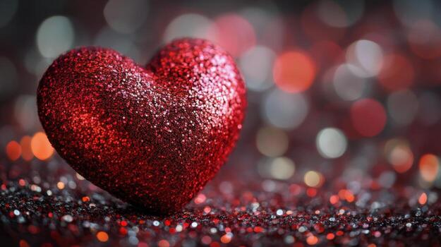 Red glittery heart ornaments hanging on a string for a festive decoration. photo