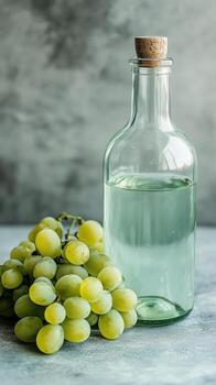 Grape cluster beside clear bottle with cork against a soft gray background. photo