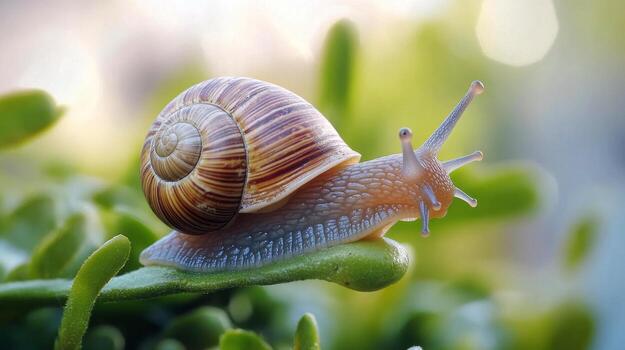 Colorful snail resting on a green leaf in a misty rainforest photo