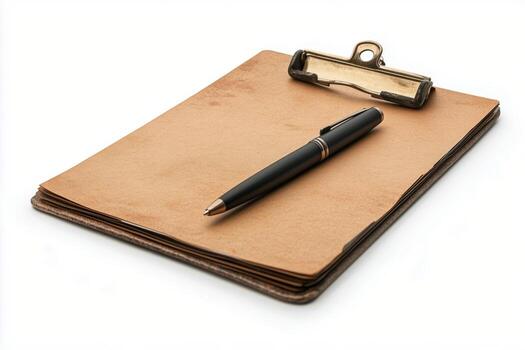 Writing tools on a clipboard at a work desk during the day. photo