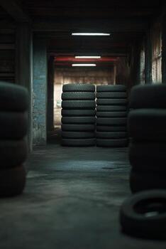Stacks of used tires in an abandoned warehouse with dim lighting photo