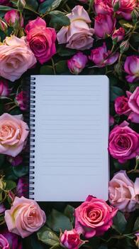 Blank notebook resting on colorful roses in a vibrant garden setting. photo