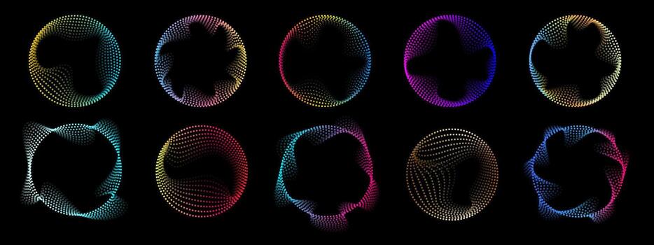 Neon gradient circular wave set. Glowing curved lines forming bright round shapes. collection of colorful spinning tech frames for futuristic design. vector